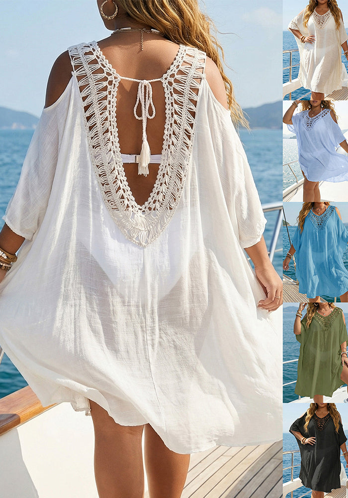 Plus Size Crocheted Patchwork Low Back Lace-Up Loose Beach Cover-Up Dress