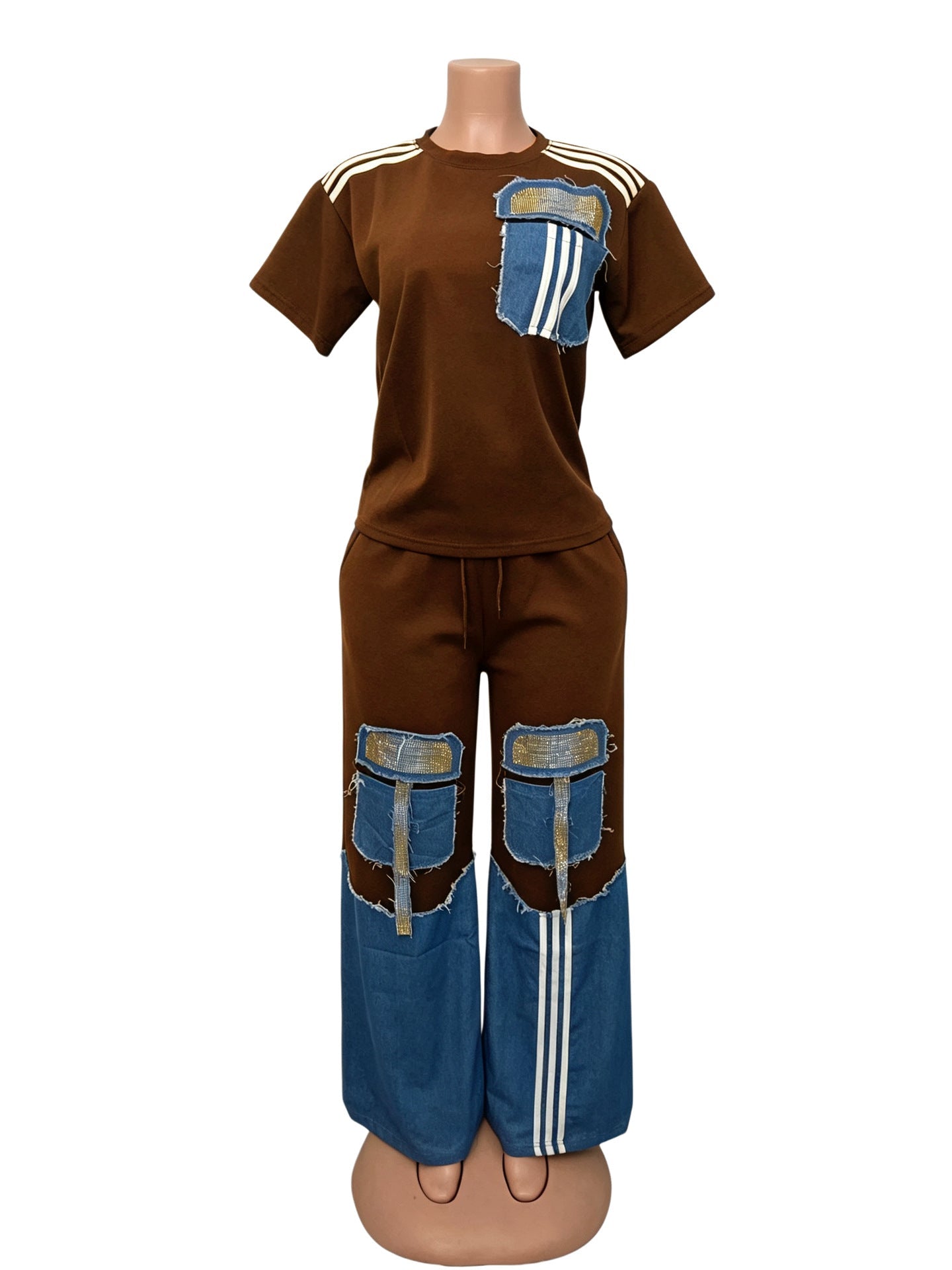 Denim Patchwork Beaded Short-Sleeve Top & Wide-Leg Pants Set for Summer