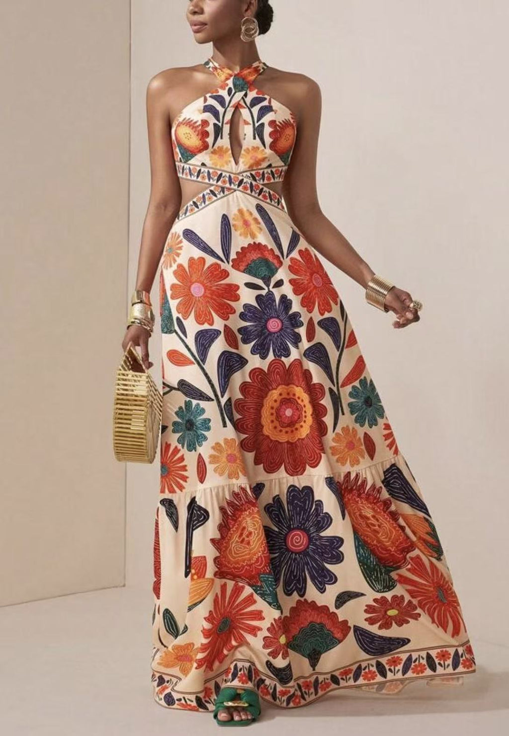 Printed Halter Bohemian Maxi Dress for Summer Vacations