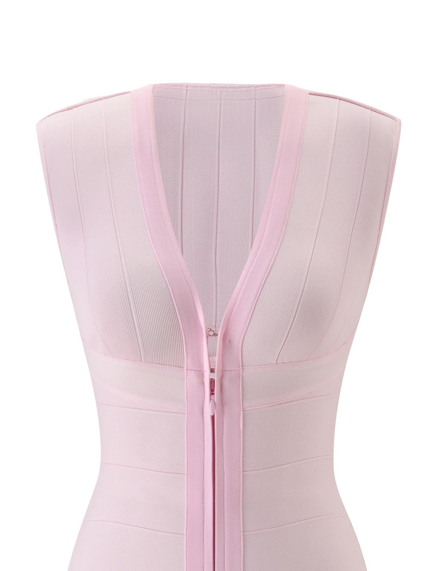 Pink Deep V-Neck Sleeveless Zip-Up Bodycon Mini Dress for Party Wear