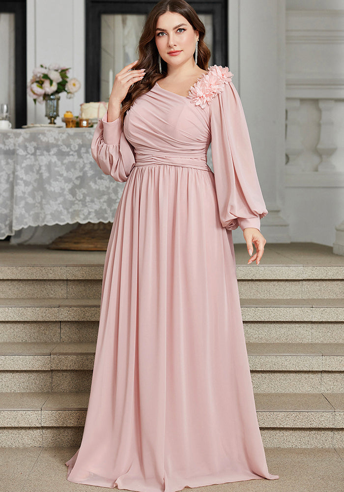 Plus Size Slash Shoulder Applique Lantern Sleeve Long Dress for Bridesmaids & Formal Events