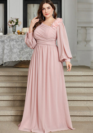 Plus Size Slash Shoulder Applique Lantern Sleeve Long Dress for Bridesmaids & Formal Events