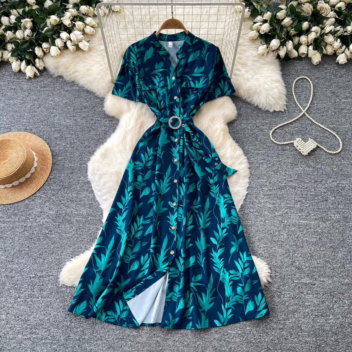 Printed V-Neck Short Sleeve Maxi Dress for Summer