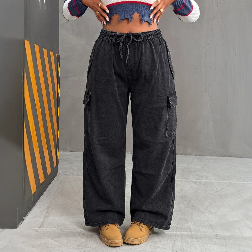 Black Multi-Pocket Drawstring Cargo Denim Wide Leg Pants for Casual Streetwear