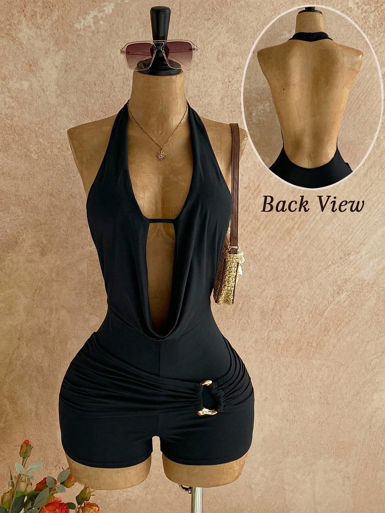 V-Neck Draped Collar Halter Backless Jumpsuit for Evening Wear