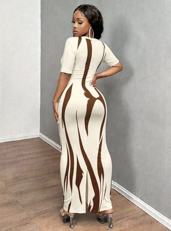 Printed V-Neck Ruched Short Sleeve Dress for Casual Wear