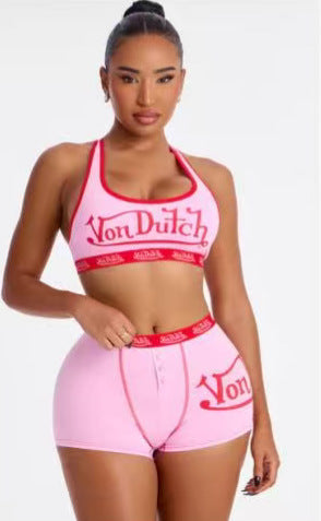 Color Block Letter Print Halter Tank Top & Shorts Two-Piece Set for Summer