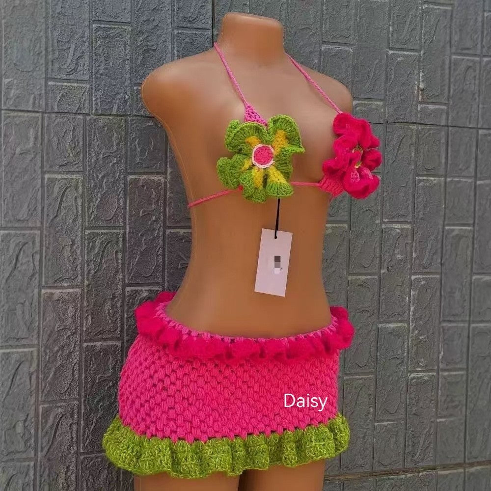 Knitted Bikini Ruffle-Edge Swimsuit Two-Piece Set for Beachwear