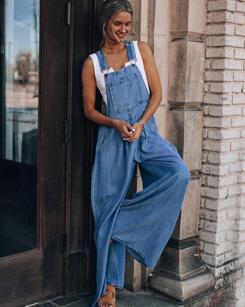 Wide Leg Denim Overalls Denim Blue
