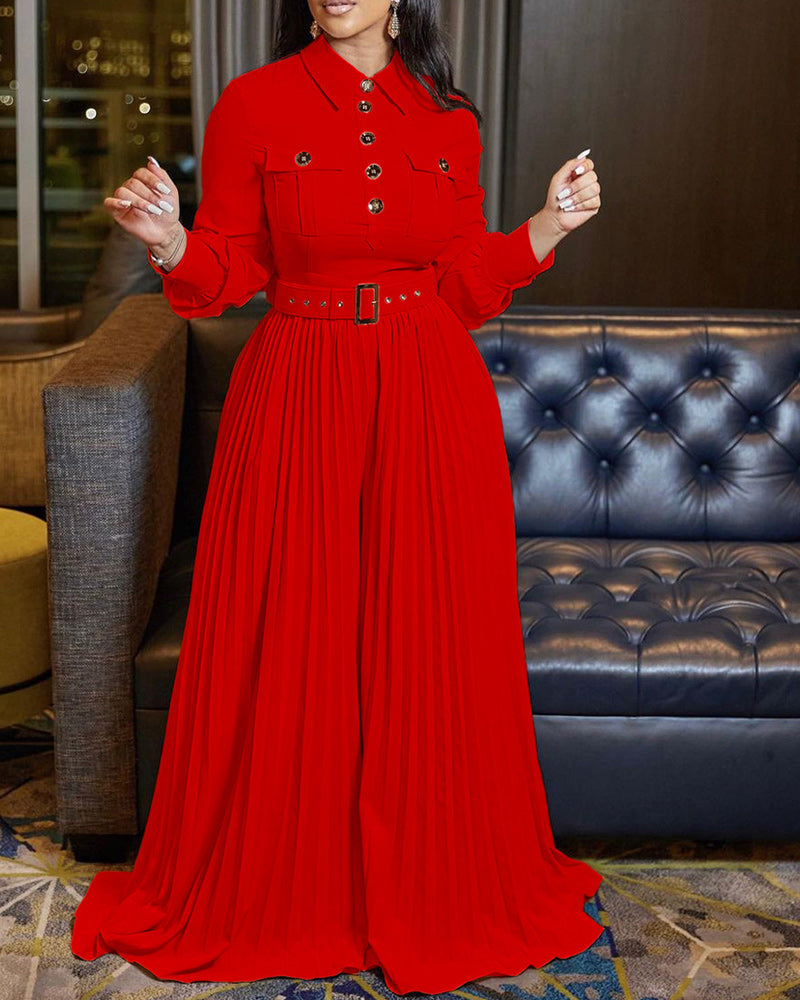 Pleated Loose Jumpsuit Red