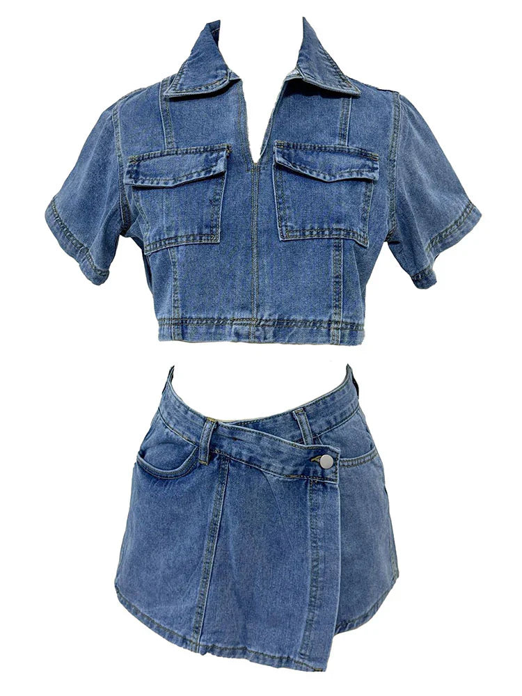 Cropped Denim Top & Skort Set