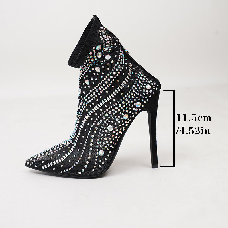 Sexy Nightclub Runway Show Ultra-High-Heel Rhinestone Mid-Calf Boots