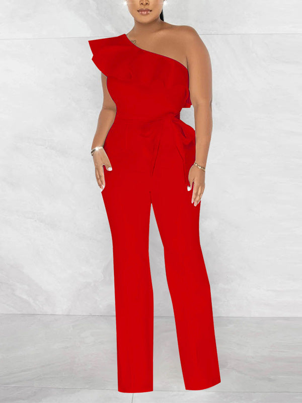 One-Shoulder-Jumpsuit mit Rüschen und Bindeband
