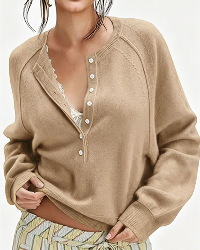 Effortless Button-Front Knit Pullover