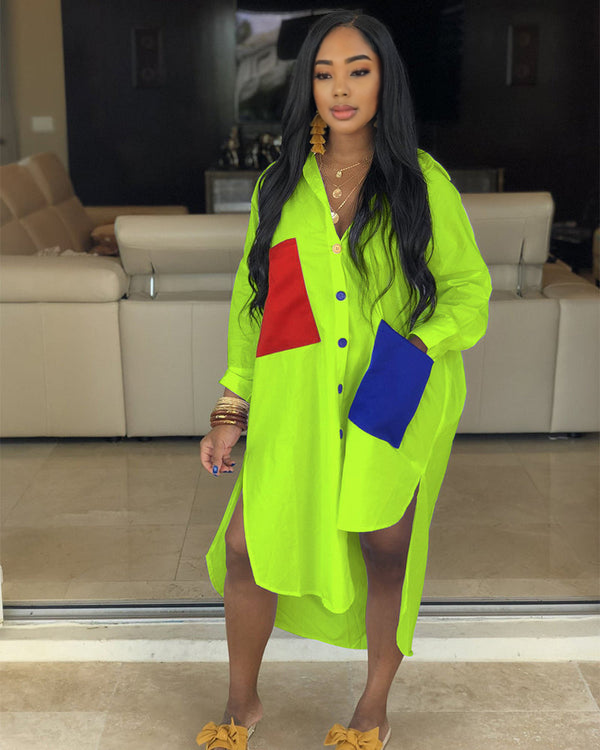 Colorblock Oversized Shirt Dress GREEN