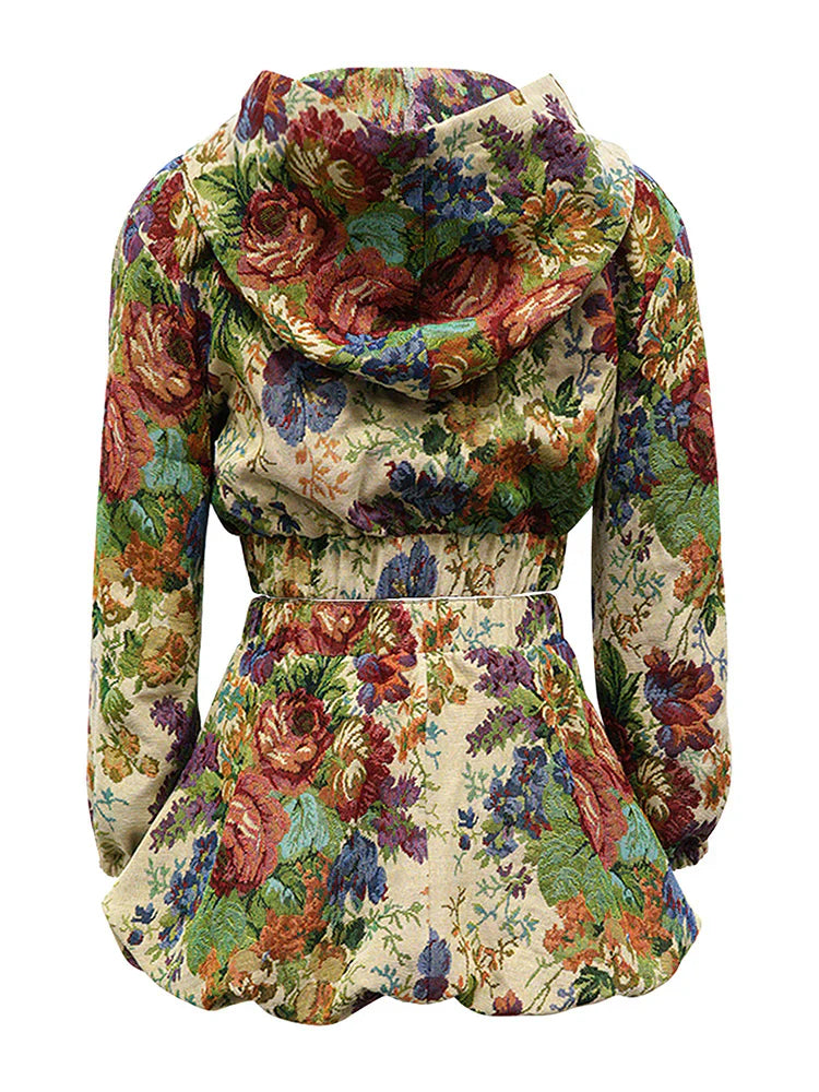 Vintage Floral Jacquard Hoodie & Skirt Set