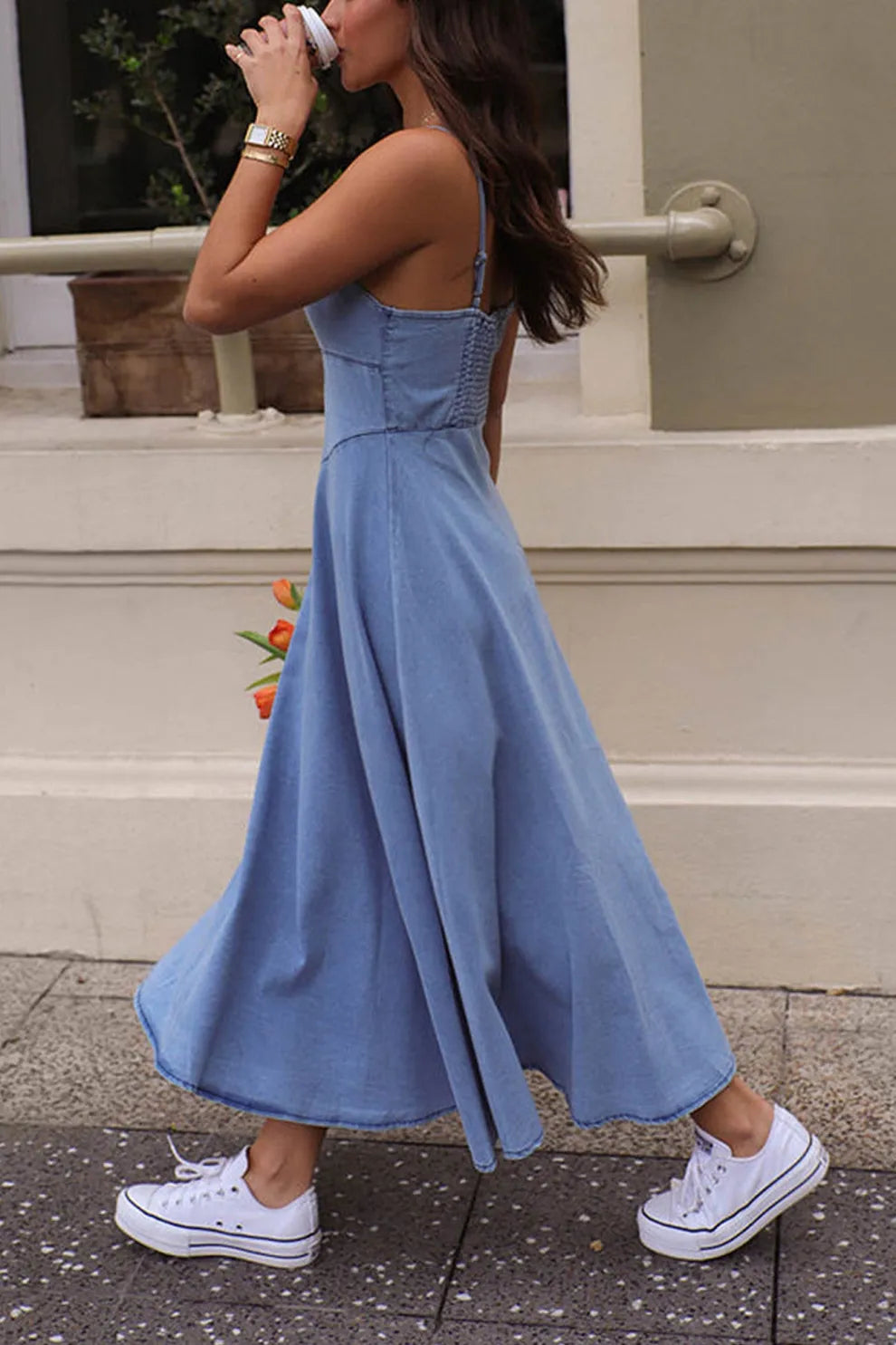 V Neck Corset Cami Denim Swing Dress