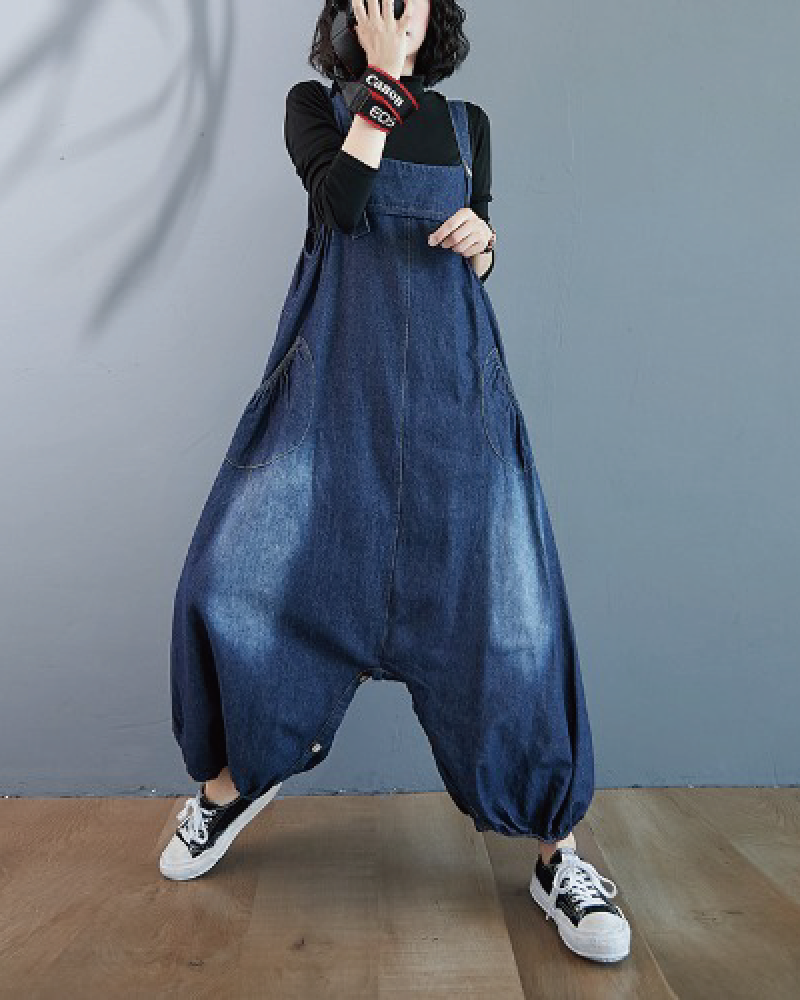 Denim Buttoned Overalls Dress Jumpsuit Blue One size