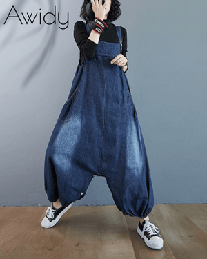 Denim Buttoned Overalls Dress Jumpsuit Blue One size