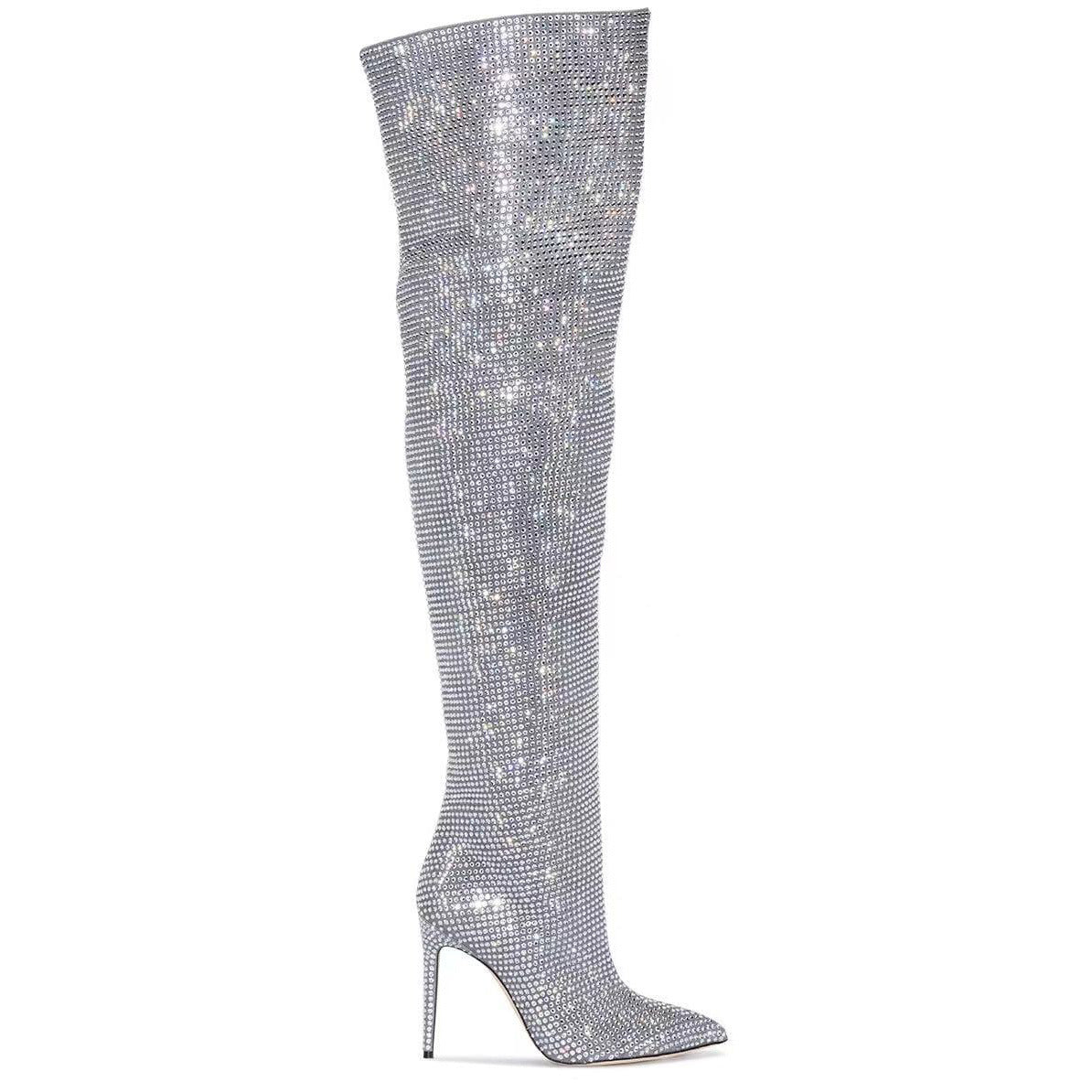 Starry Sky High Heel Rhinestone Knee High Boots
