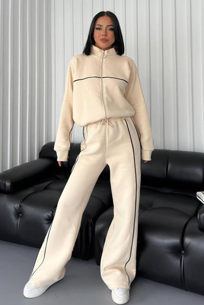 Fashion Turtleneck Cardigan Striped Sweatshirt Set