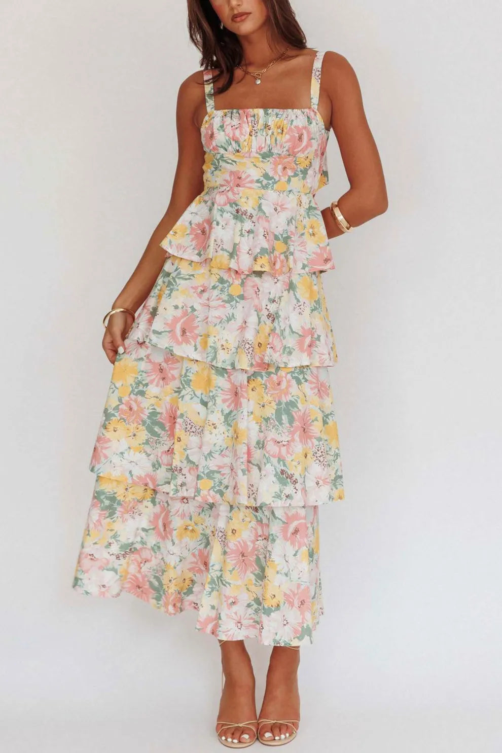 Floral Print Tie up Tiered Midi Dress