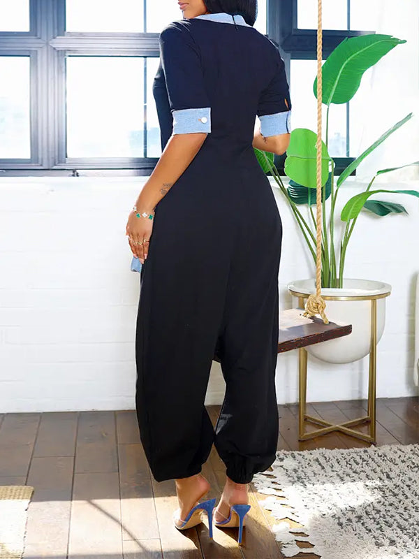 Indiebeautie Denim-Combo V-Neck Jumpsuit