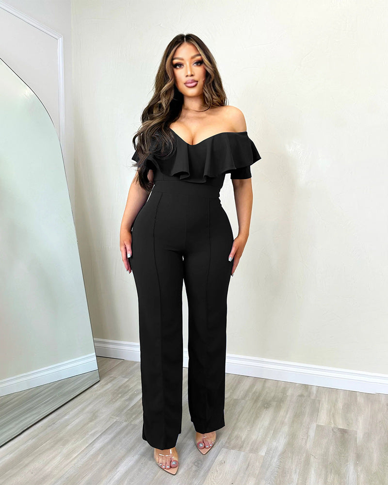 Ruffle Slim Waist Jumpsuit Black