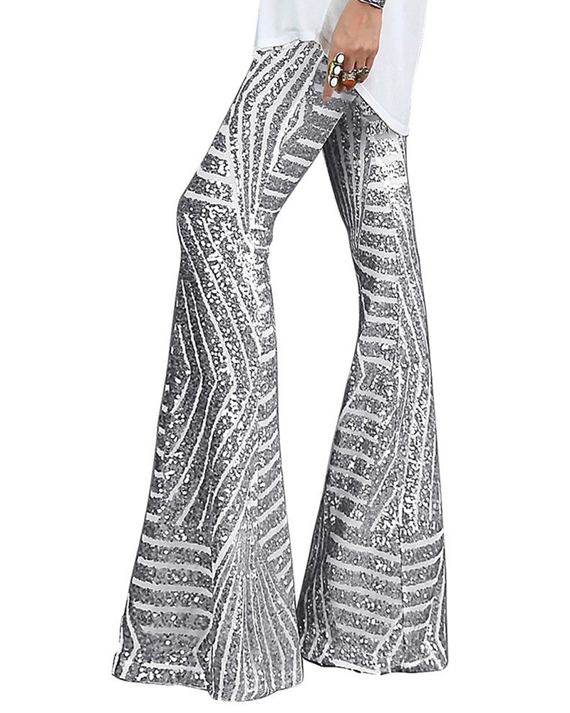 Sequin Wide Leg Pants Silver