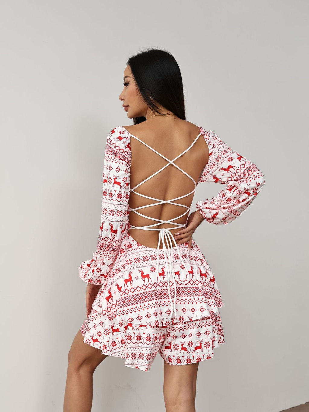 Christmas Drawstring Backless Long-Sleeve Dress