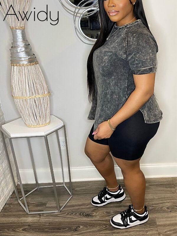 Printed Slit Tee & Biker Shorts Set--Clearance