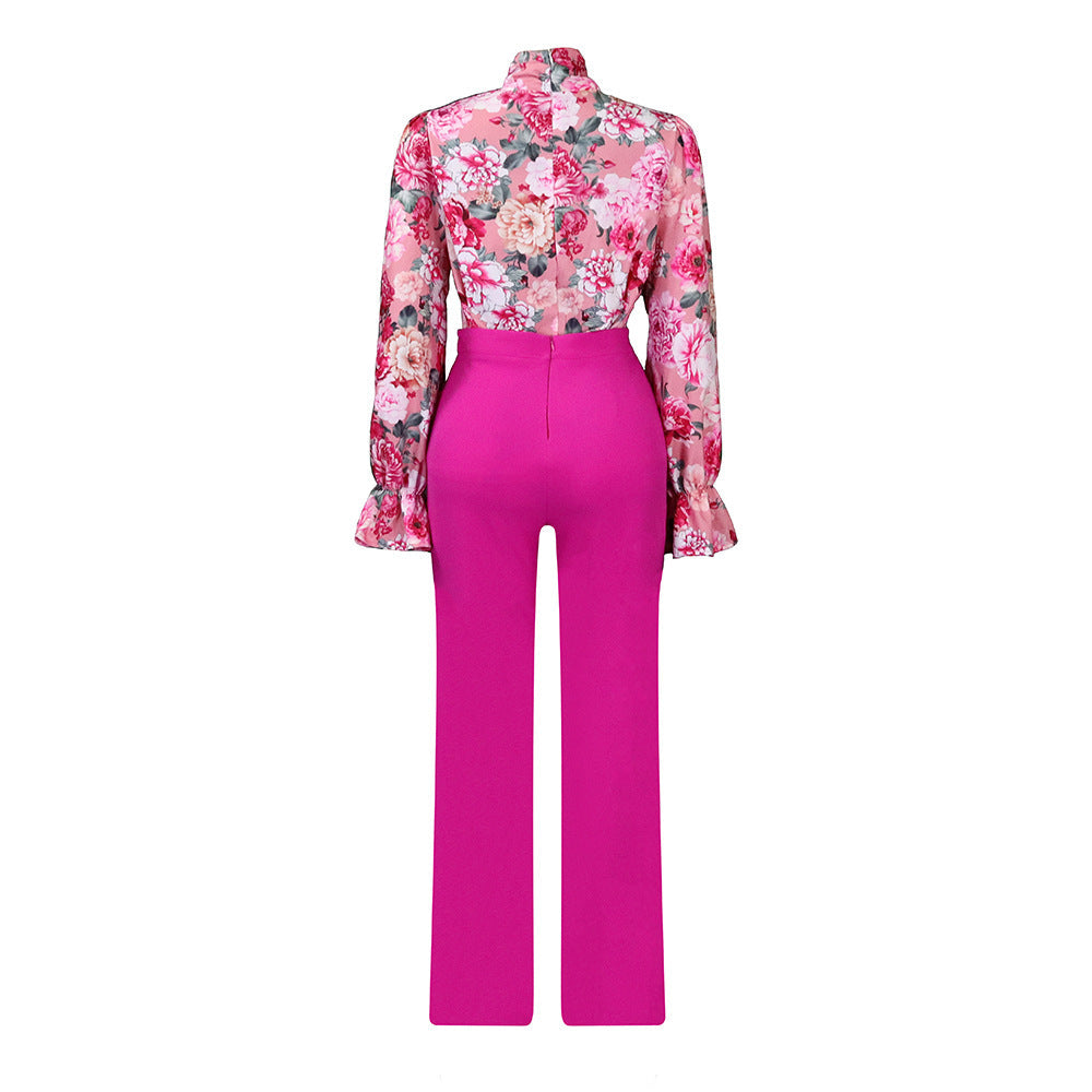 Casual Printed Long Sleeve Shirt Wide Leg Pants Sets