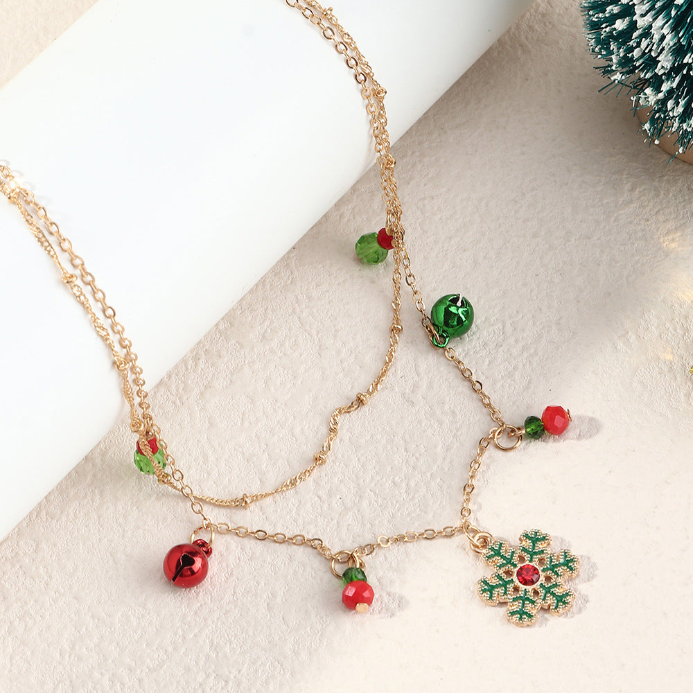 Christmas Bells and Snowflakes Double-Layer Collar Necklace