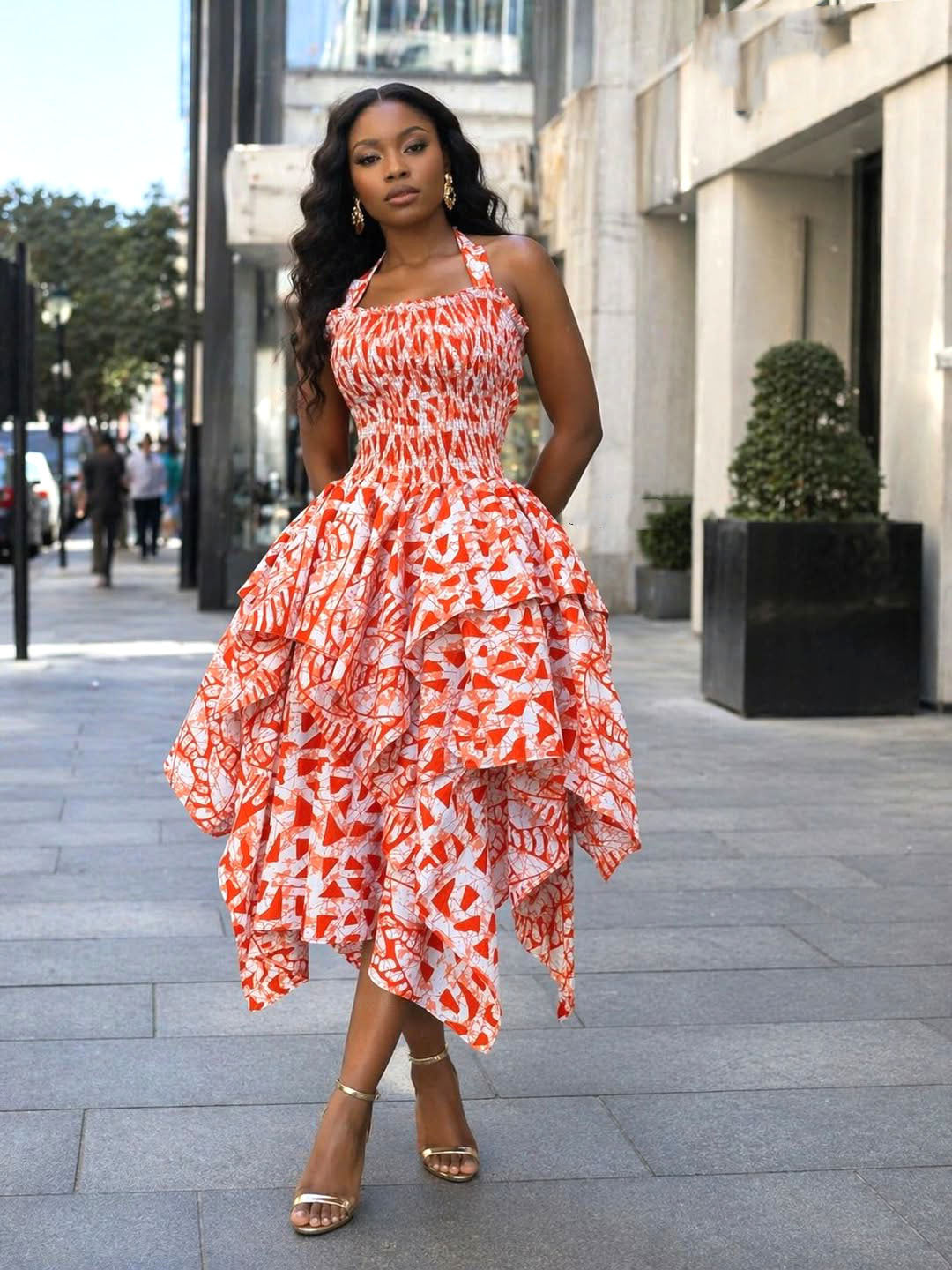 African Printed Halter Neck Ruched Irregular Maxi Dress for Evening Wear