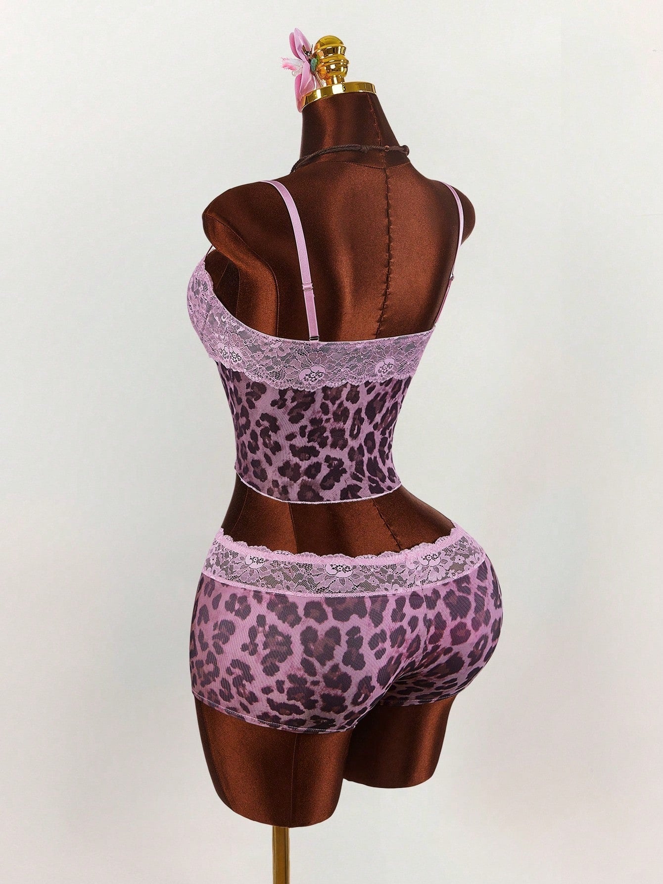 Leopard Print Lace Patchwork Camisole & Shorts Set for Sleepwear