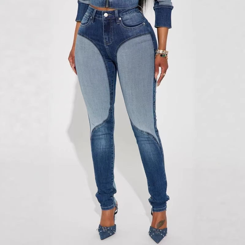High Waist Washed Patchwork Skinny Denim Jeans for Casual Wear
