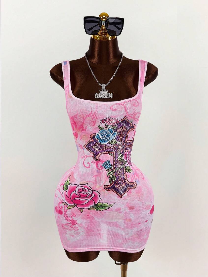 Pink Tie-Dye Beaded Cross Print Bodycon Dress for Party Wear