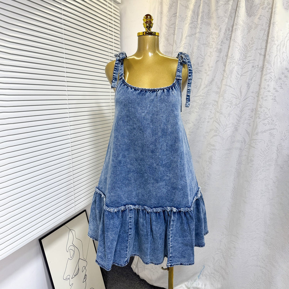 Patchwork Spaghetti Strap Lace-Up Denim Dress for Summer Casual