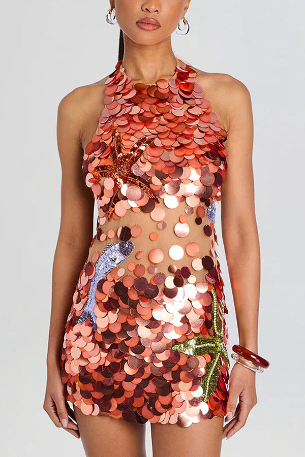 Sequin Embroidery See-Through Halter Neck Low Back Bodycon Mini Dress for Clubwear