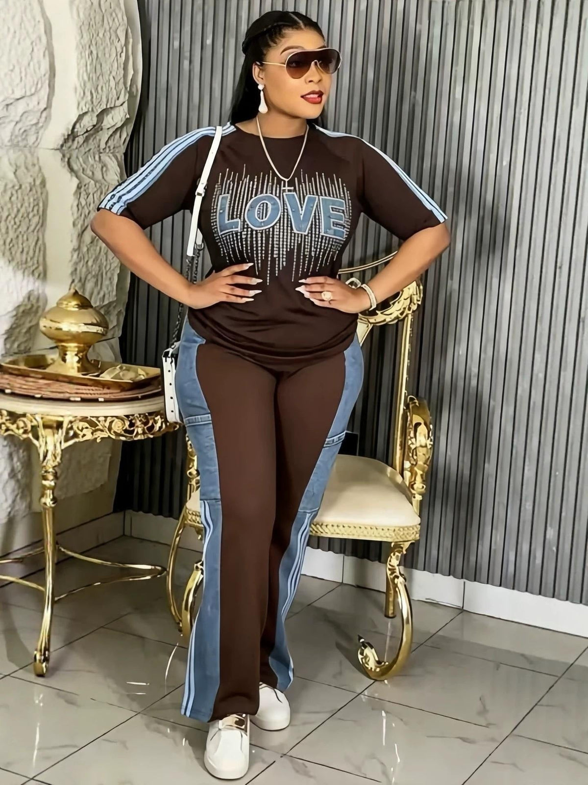 Plus Size Beaded Short Sleeve Color Block Striped Patchwork Denim Pants Set