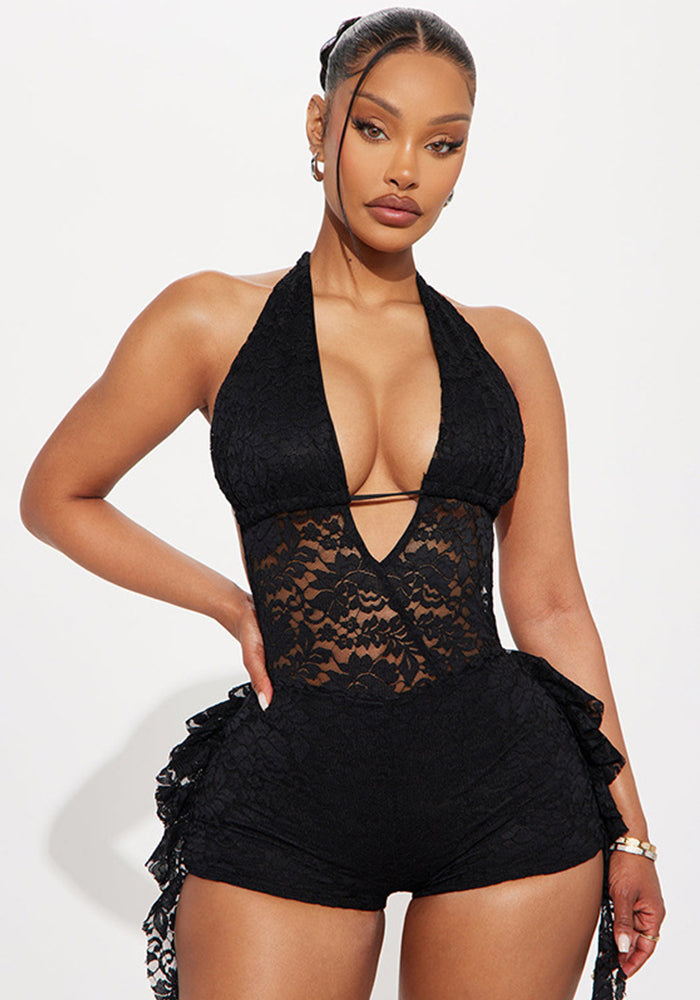 Solid Lace Patchwork Halter Neck Low Back Ruffle Jumpsuit for Party Wear