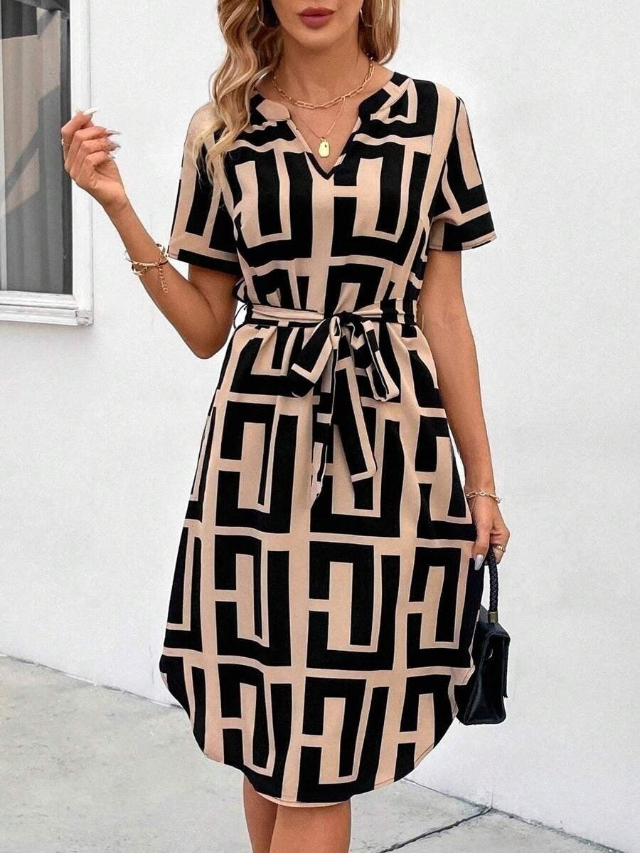 Striped V-Neck Short Sleeve Dress for Summer Casual