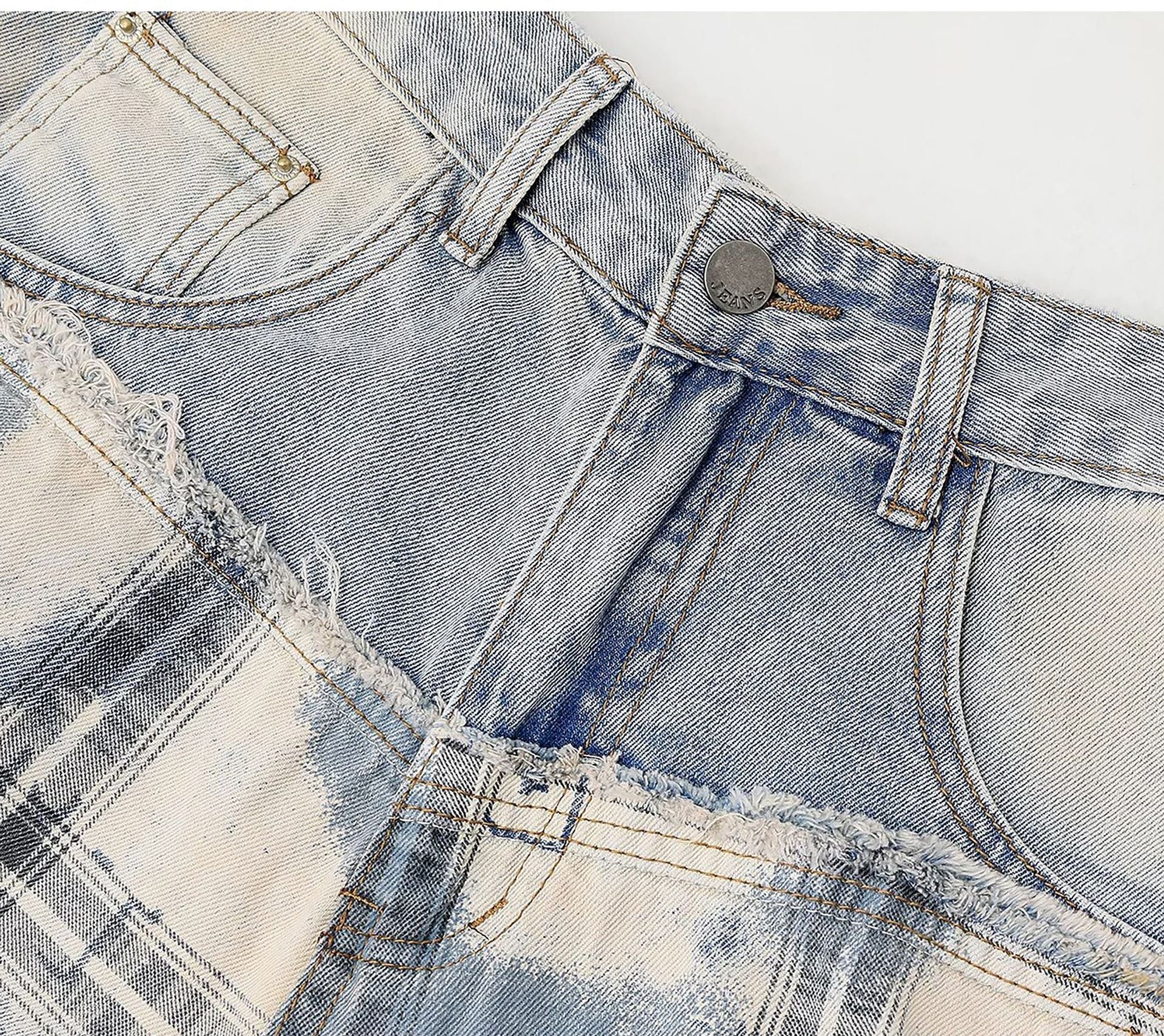 Plaid Ripped Patchwork Washed Denim Pants for Streetwear