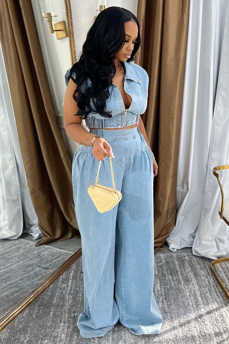 Indiebeautie Denim Zip-Up Vest & Wide-Leg Pants Set