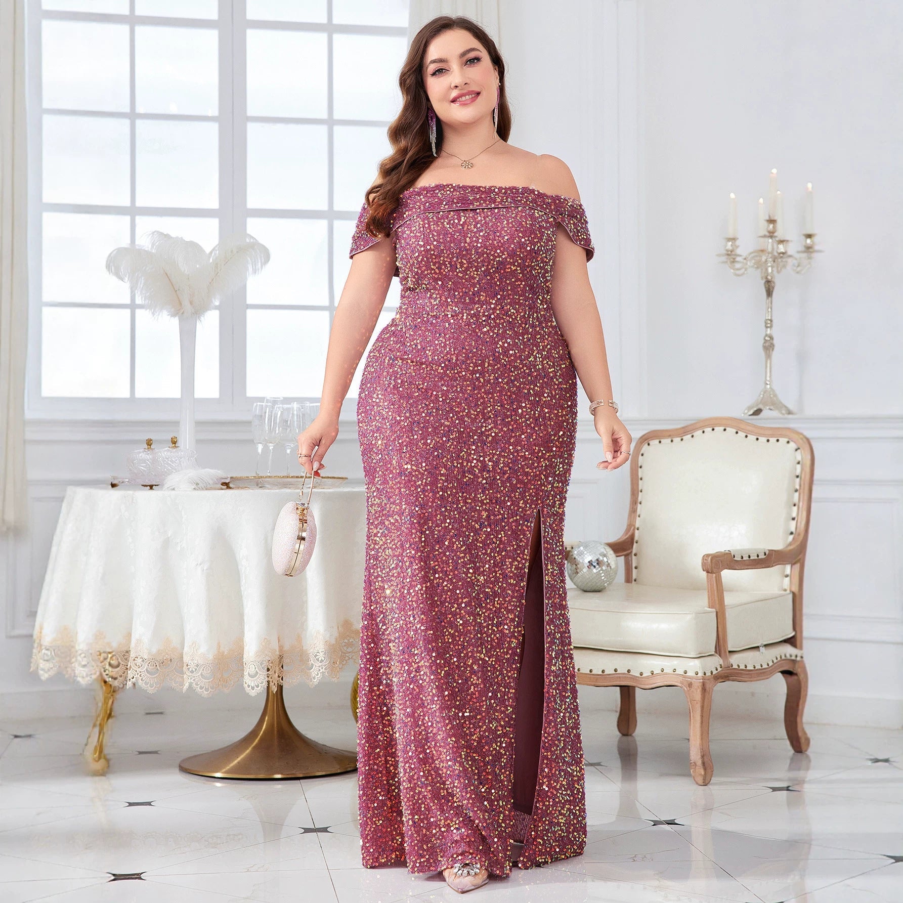 Plus Size Off-Shoulder Sequin Slit Dress for Formal Evening Parties