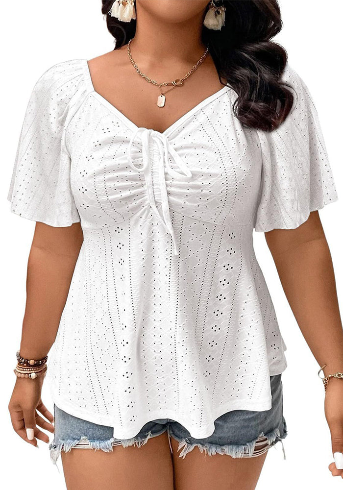 Plus Size Pleated Tie-Waist Short-Sleeve Top for Casual Wear