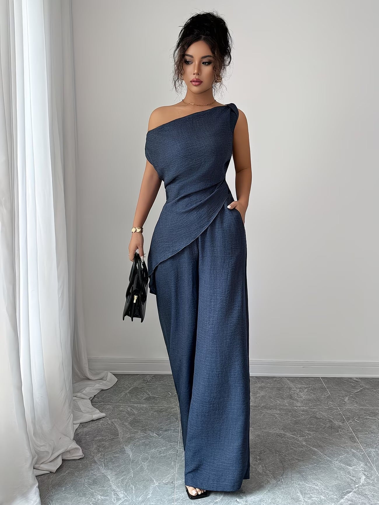 Slash Shoulder Top & Pocket Zip-Up Pants Two-Piece Set for Career Wear
