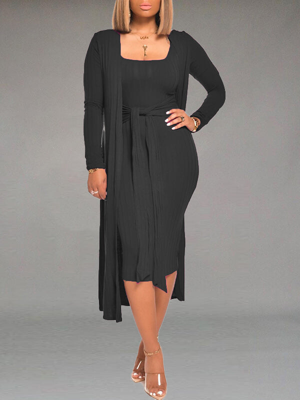 Einfarbiges Set mit gebundenem Kleid und Cardigan – Ausverkauf
