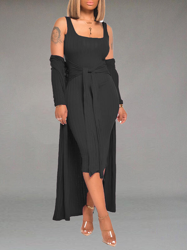 Einfarbiges Set mit gebundenem Kleid und Cardigan – Ausverkauf