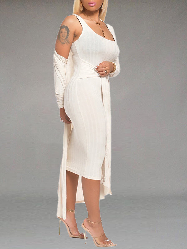 Einfarbiges Set mit gebundenem Kleid und Cardigan – Ausverkauf